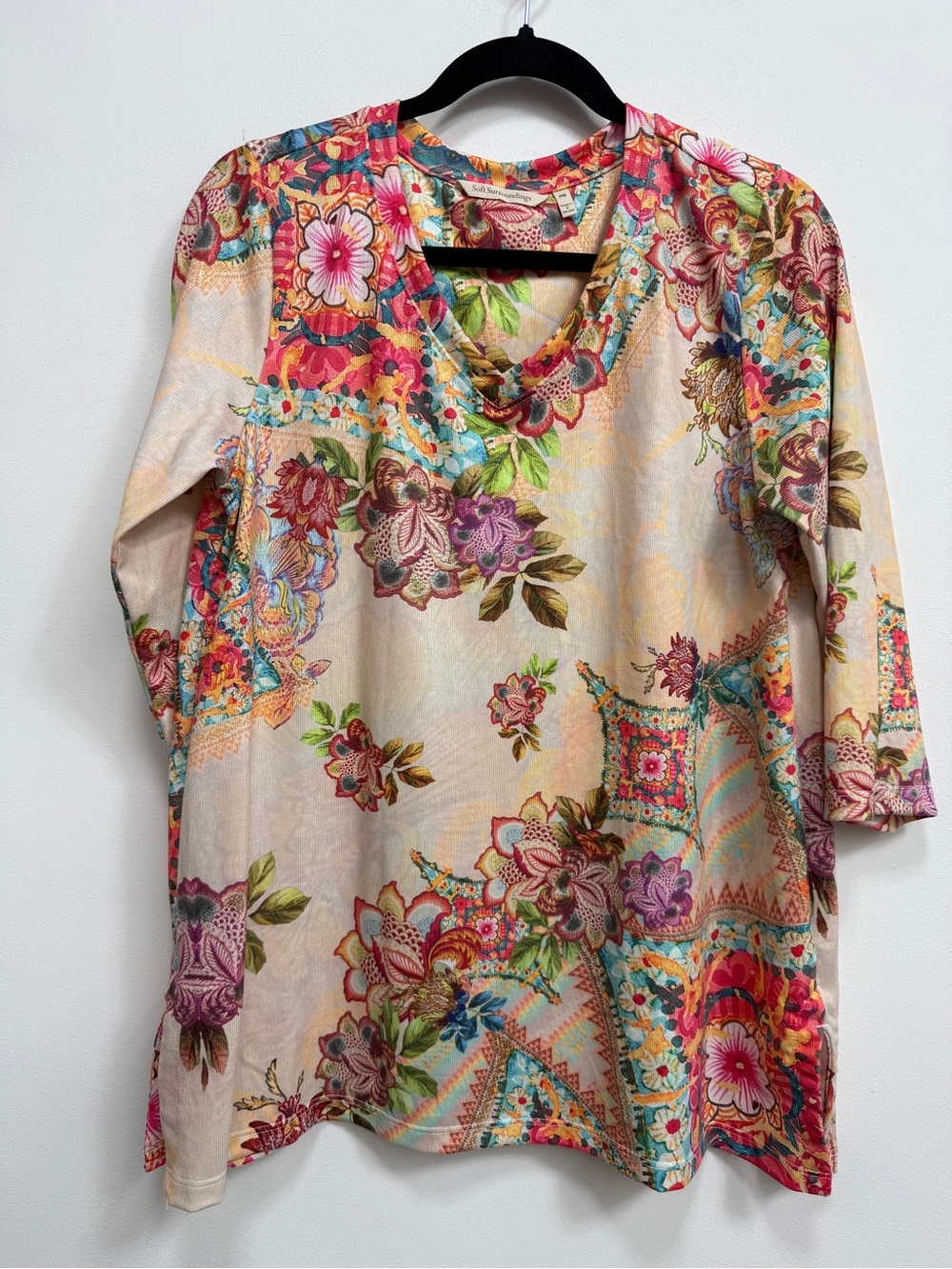 Soft Surroundings Cream Tunic with Pink, Teal & Purple Floral Print
